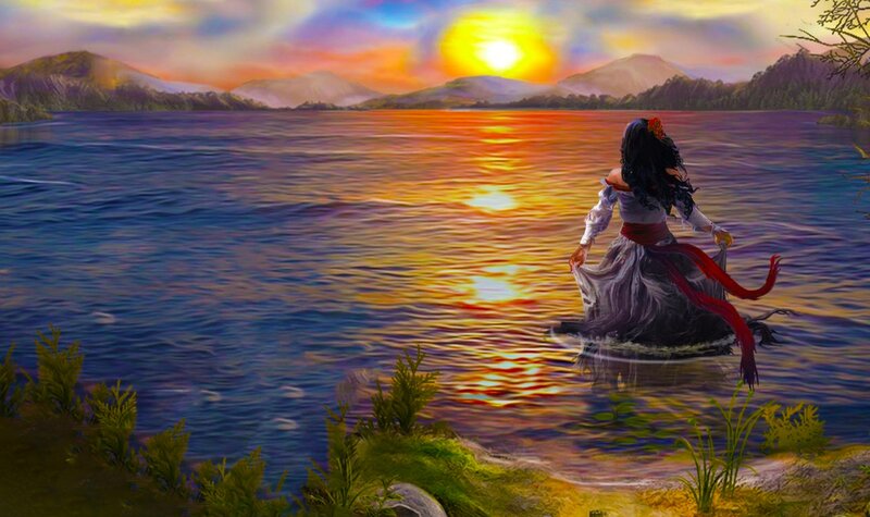 Woman in a Dress — Blue, Serene, Sunset, Digital Art