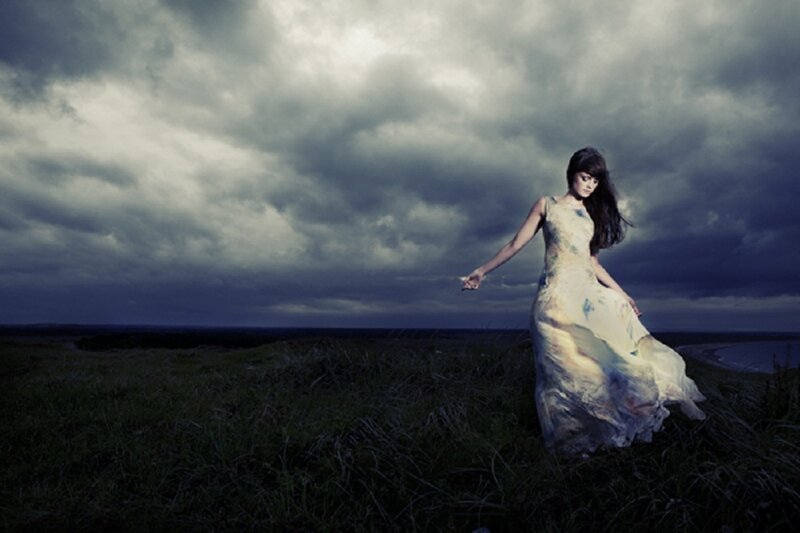 Woman in a Dress — Gray, Dramatic, Night