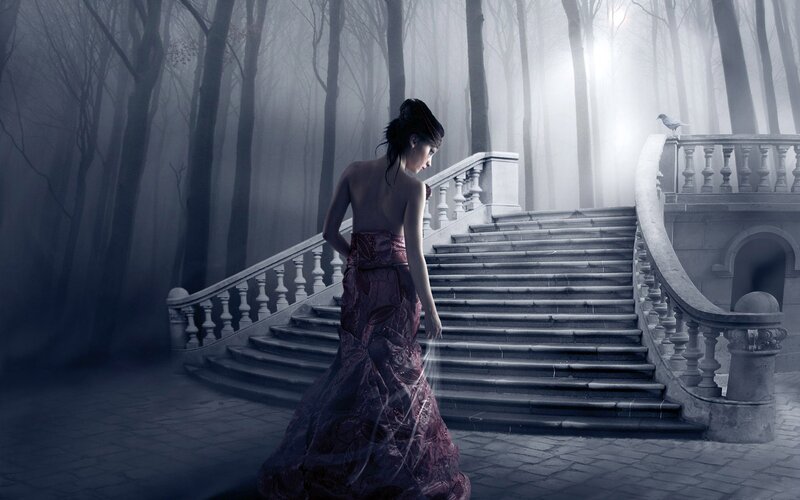 Woman in a Dress — Gray, Mysterious, Night, Digital Art