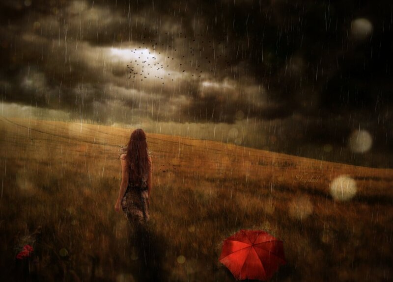 Woman in a Field — Brown, Dramatic, Night, Digital Art