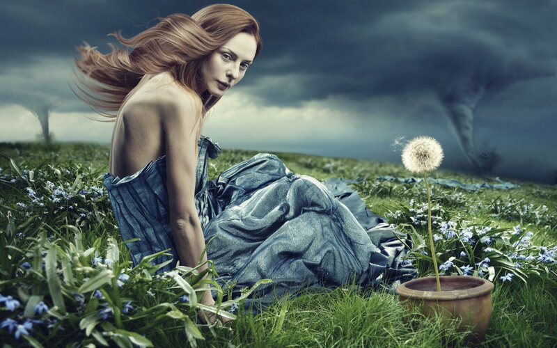 Woman in a Field — Green, Dramatic, Photograph