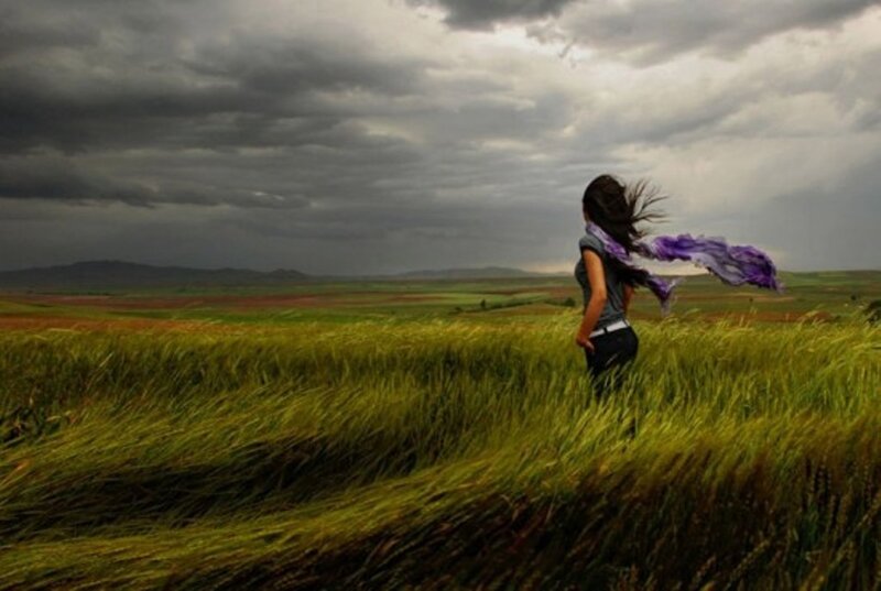 Woman in a Field — Green, Dramatic