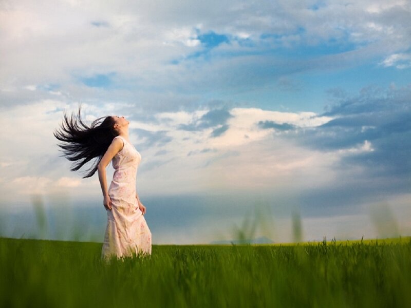 Woman in a Field — Green, Serene, Afternoon, Photograph, Sky