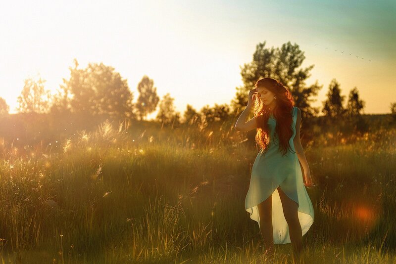 Woman in a Field — Green, Serene, Sunset, Photograph, Trees