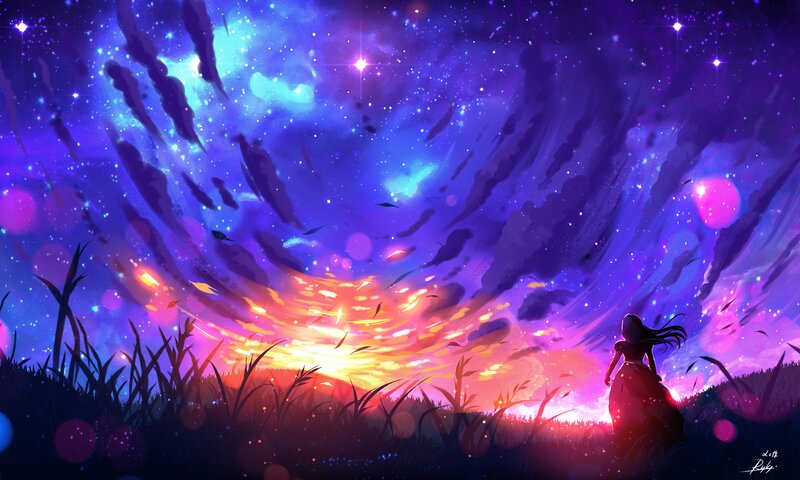 Woman in a Field — Purple, Dreamy, Night, Digital Art