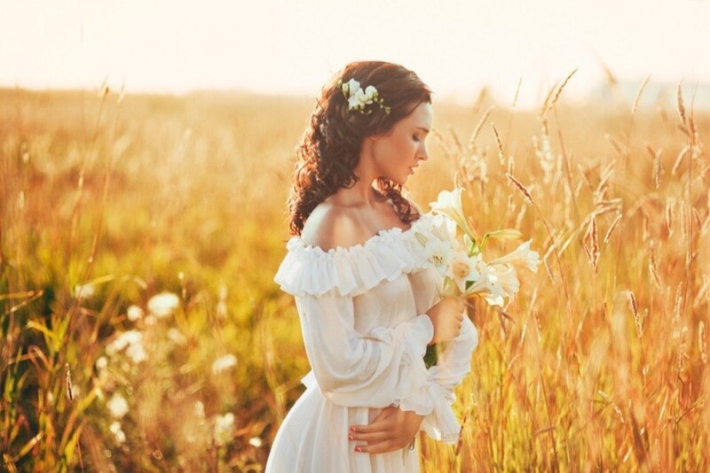 Woman in a Field — White, Serene, Sunset