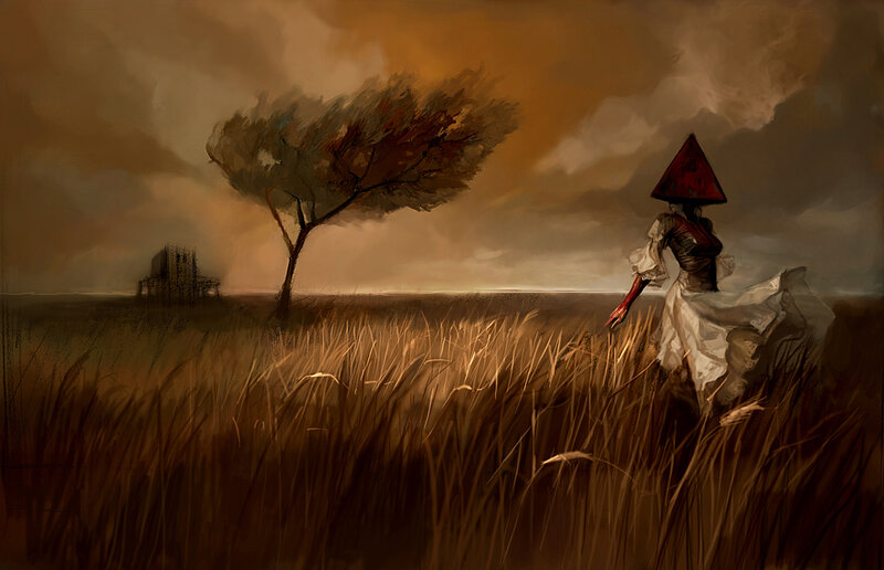 Woman in a field with a red hat