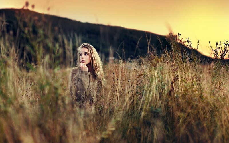 Woman in a Field — Yellow, Dramatic, Sunset
