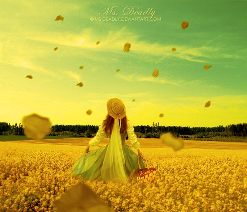 Woman in a Field — Yellow, Serene, Afternoon, Digital Art