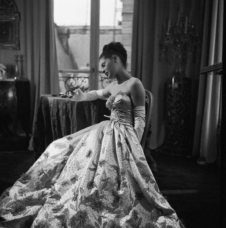 woman in a floral gown