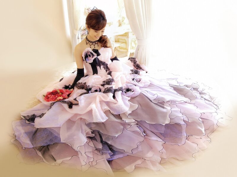 woman in a floral gown