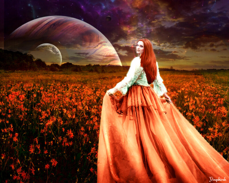 Woman in a Flower Field — Orange, Dramatic