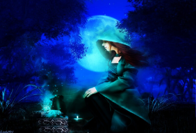 Woman in a Forest — Blue, Mystical, Night