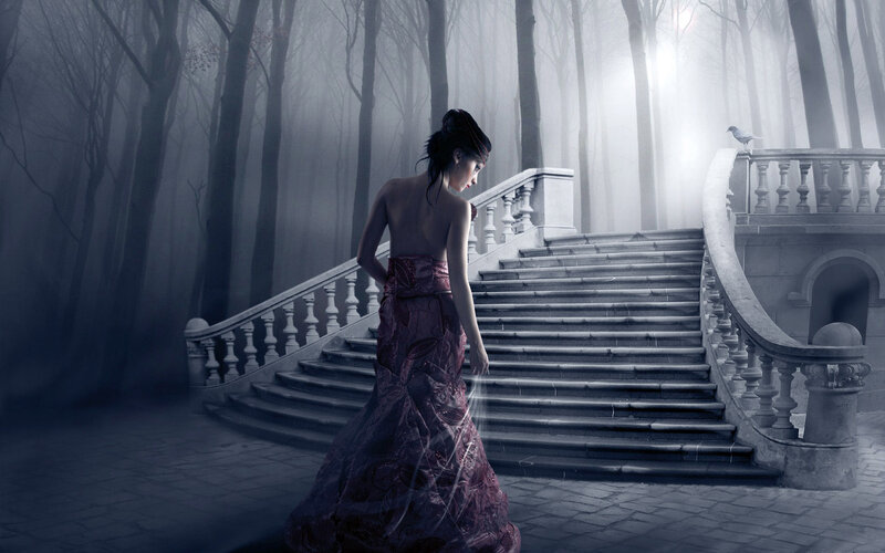Woman in a forest staircase