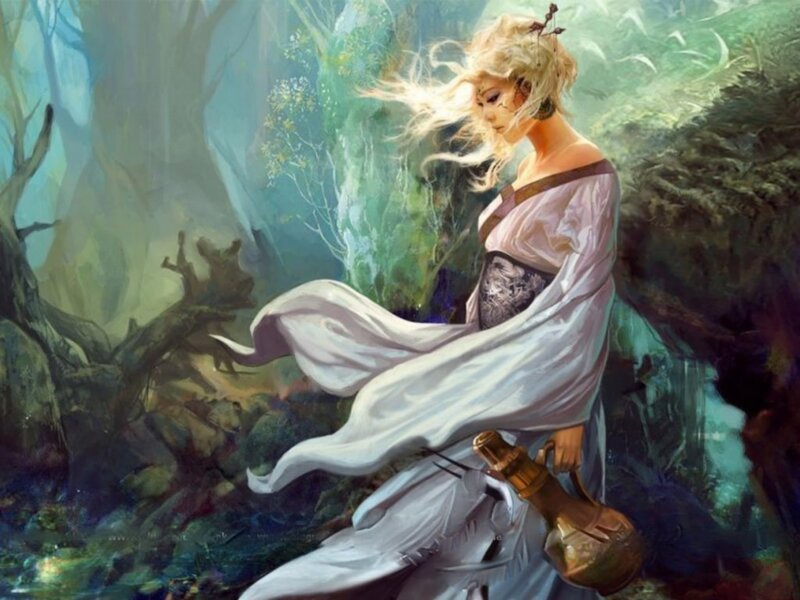 woman in a forest with a jug