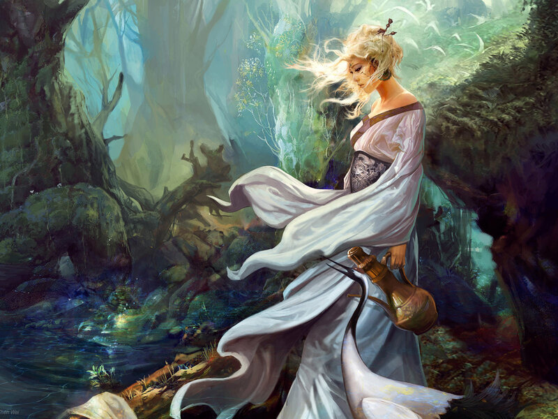 Woman in a forest with a jug