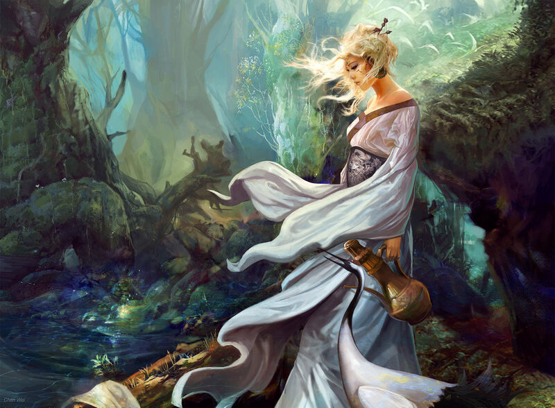 Woman in a forest with a jug