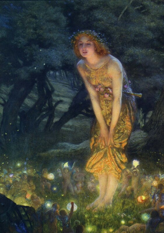 Woman in a forest with fairies