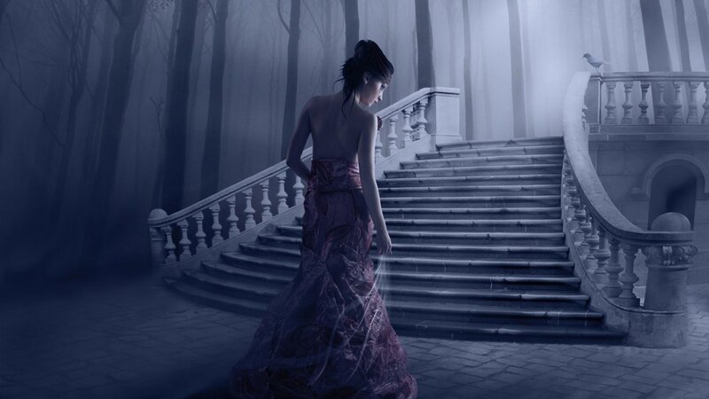 Woman in a forested staircase