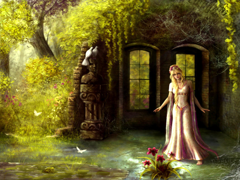 woman in a garden with a statue