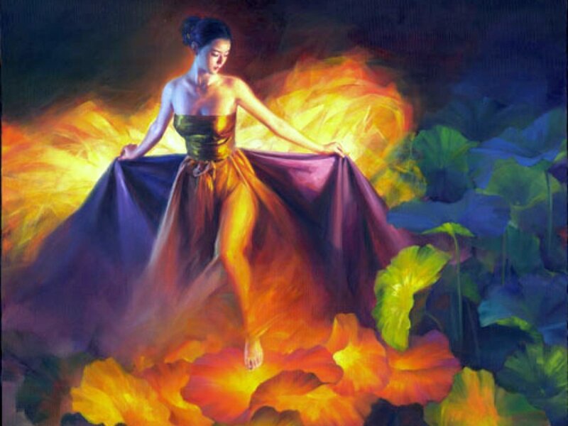 Woman in a glowing garden
