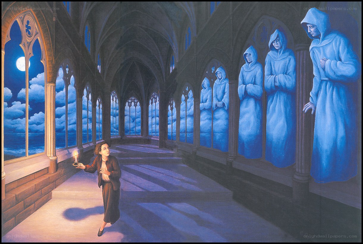 Woman in a gothic corridor