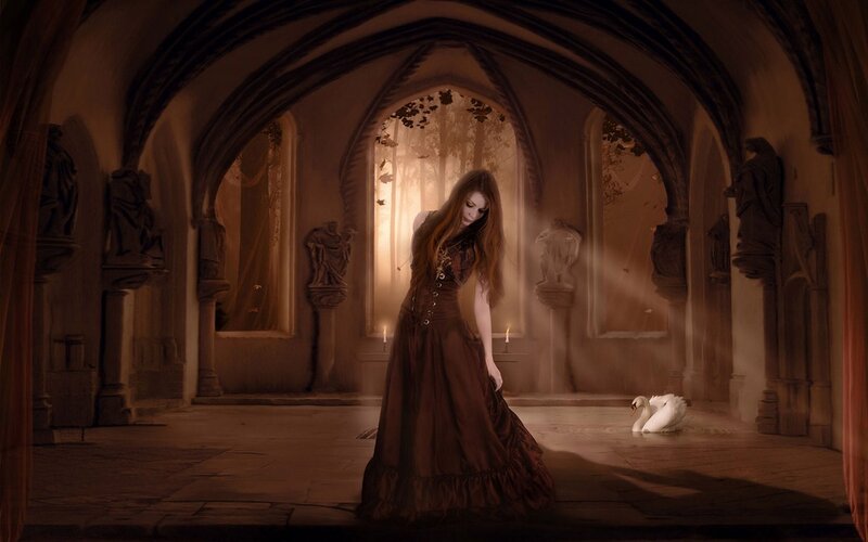 Woman in a gothic hall with swan