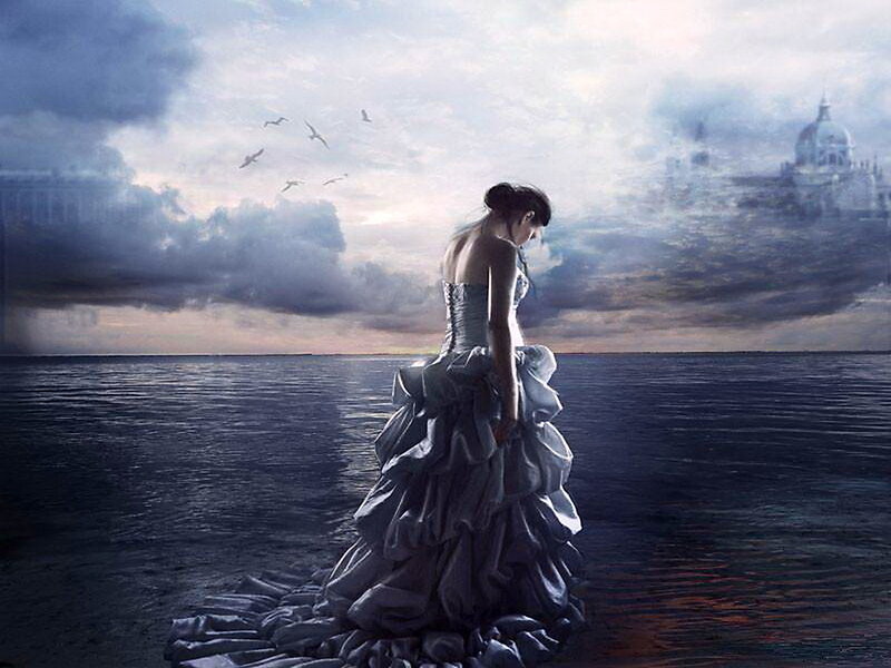 Woman in a Gown — Blue, Dramatic, Sunset