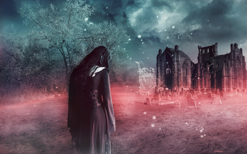Woman in a haunted graveyard