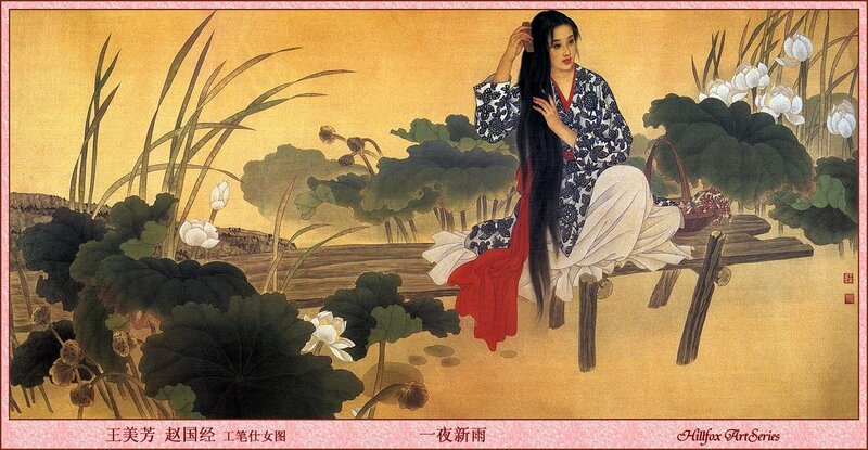 Woman in a lotus garden