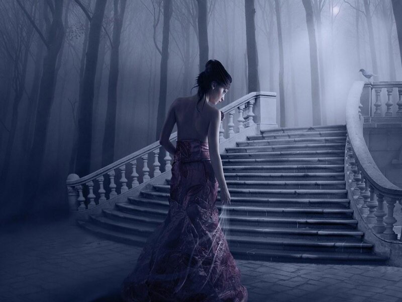 Woman in a misty forest