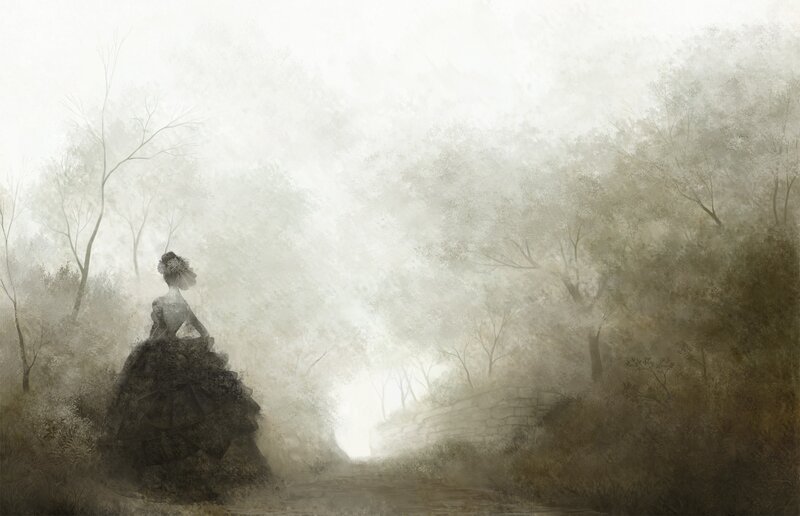 woman in a misty forest