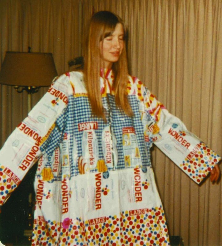 woman in a patchwork dress