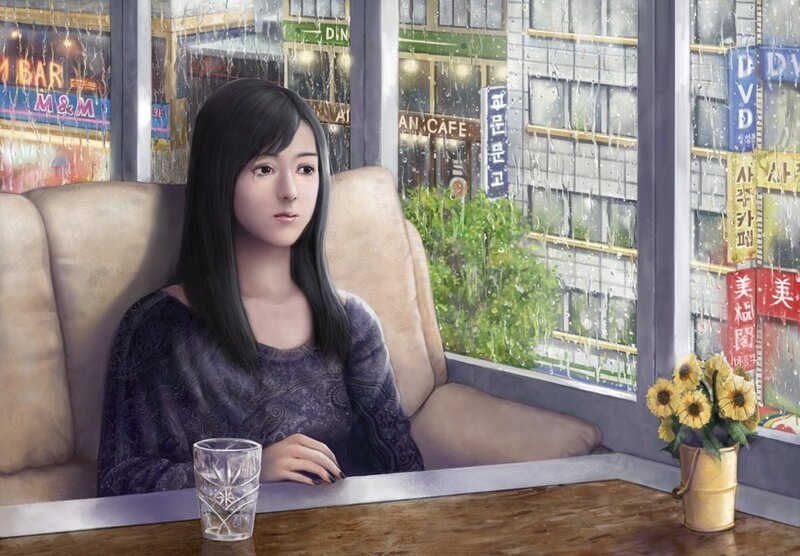 Woman in a rainy cafe