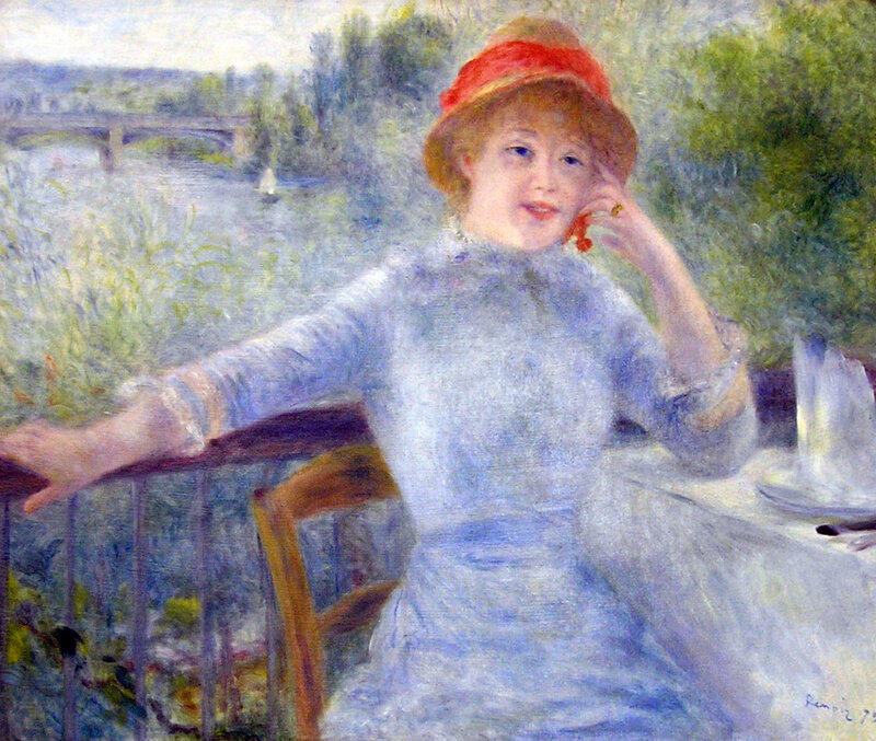 Woman in a Red Hat on a Balcony