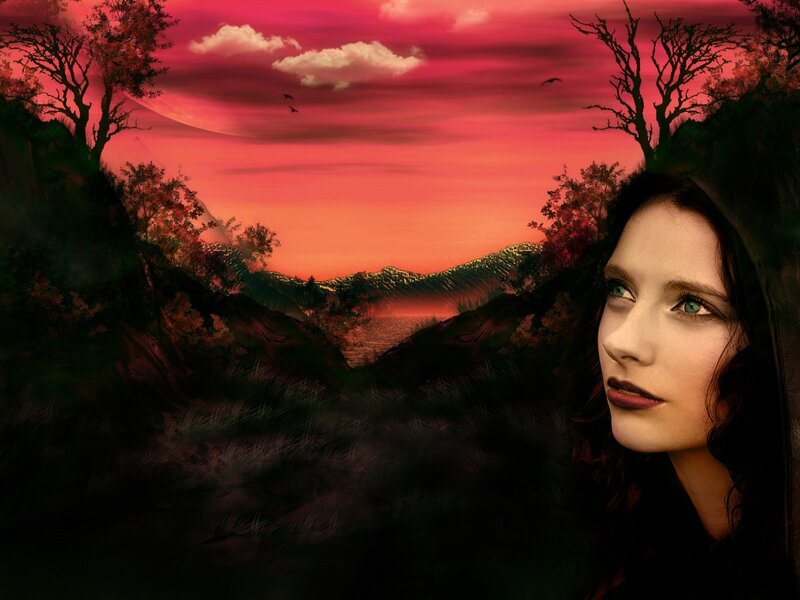 woman in a red sunset landscape