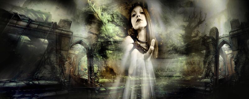 woman in a ruined cathedral