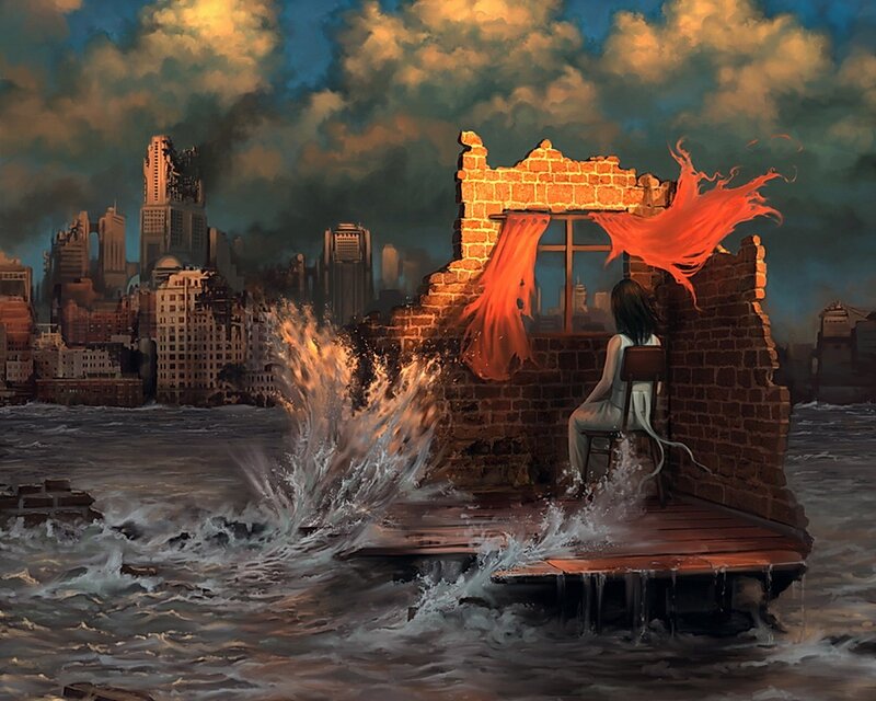 Woman in a ruined city