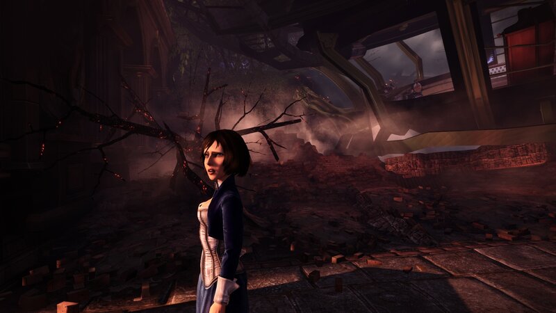 woman in a ruined city