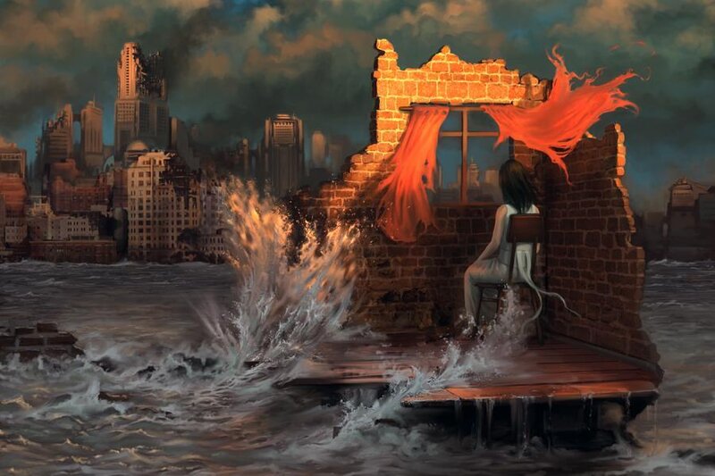 Woman in a ruined city