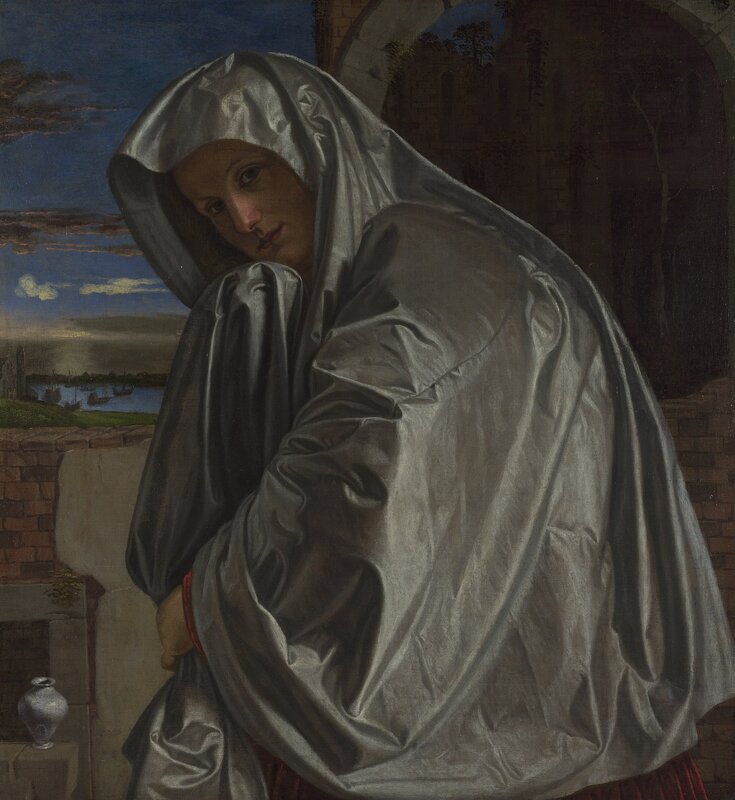 Woman in a silver cloak