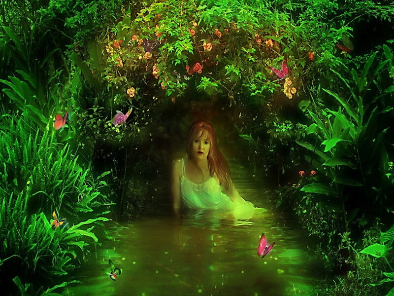 Woman in a Stream — Green, Serene, Night