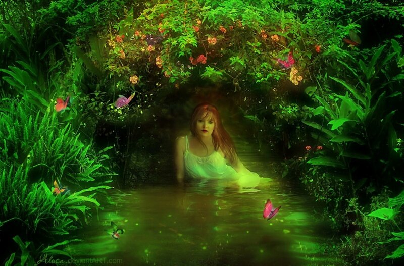 Woman in a Stream — Green, Serene