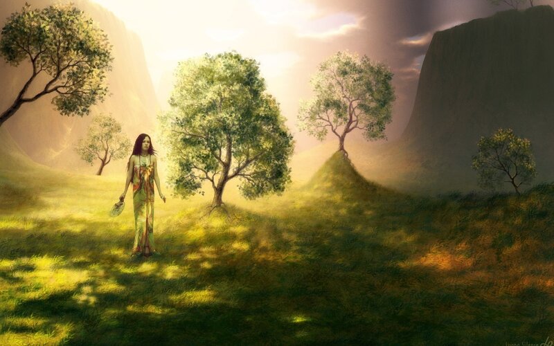 woman in a sunlit valley