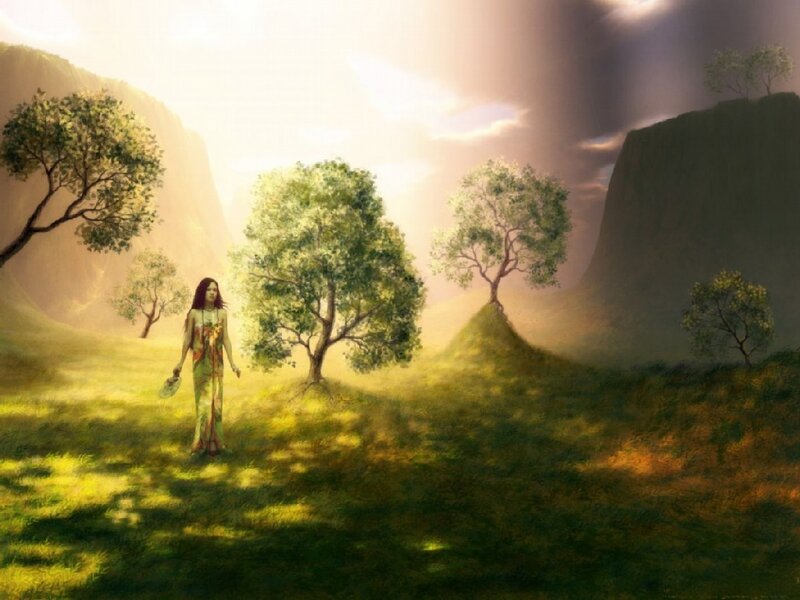 woman in a sunlit valley