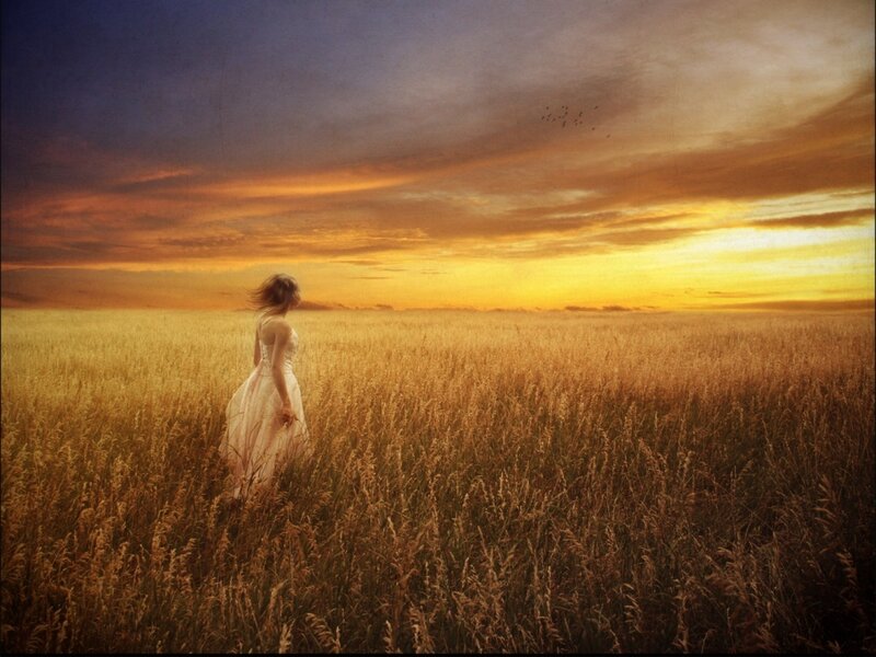 Woman in a wheat field at sunset