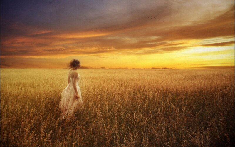 Woman in a wheat field at sunset
