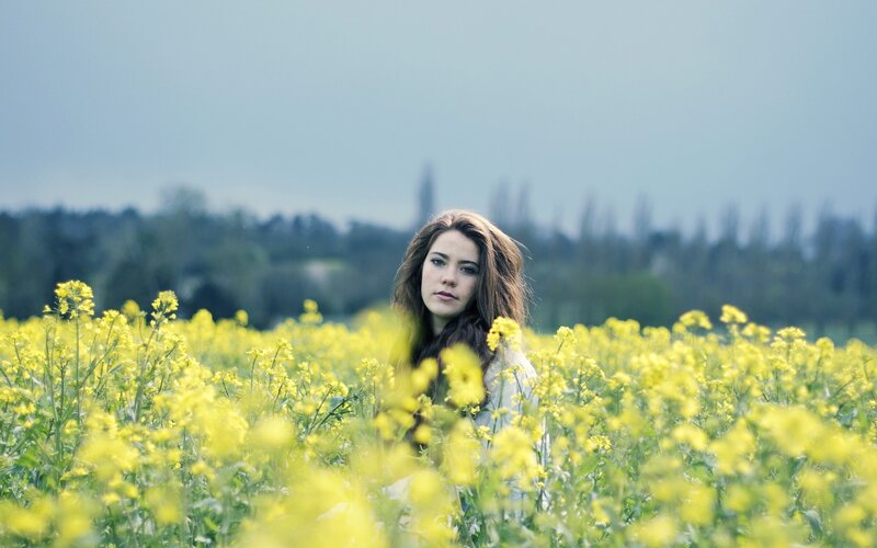 woman in a yellow flower field