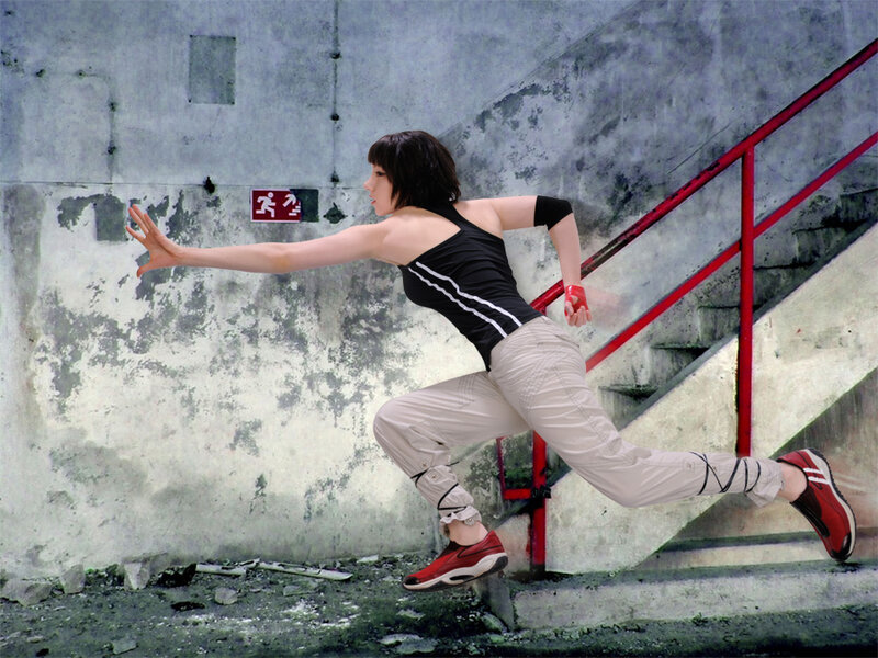 woman in action on stairs