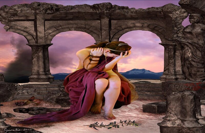woman in ancient ruins at sunset